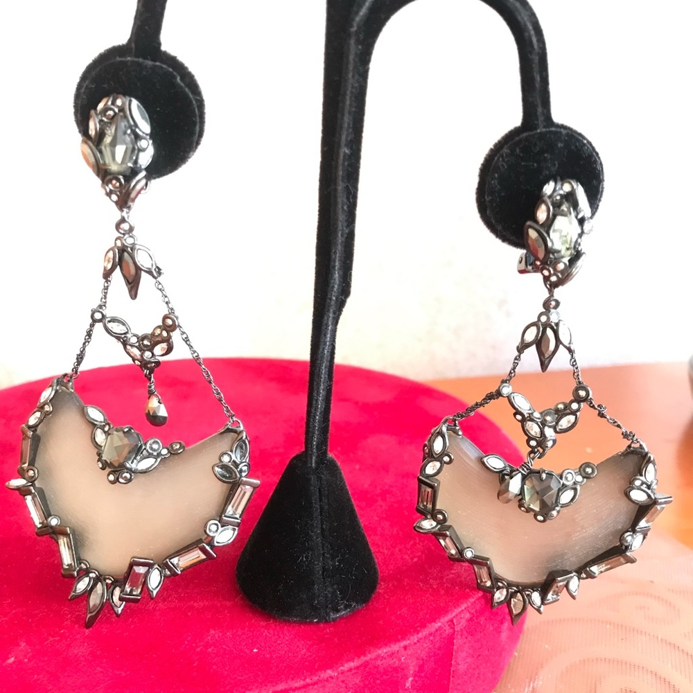 Alexis Bittar Taupe Lucite Clip On Chandelier Earrings with crystals. - Picture 3 of 9